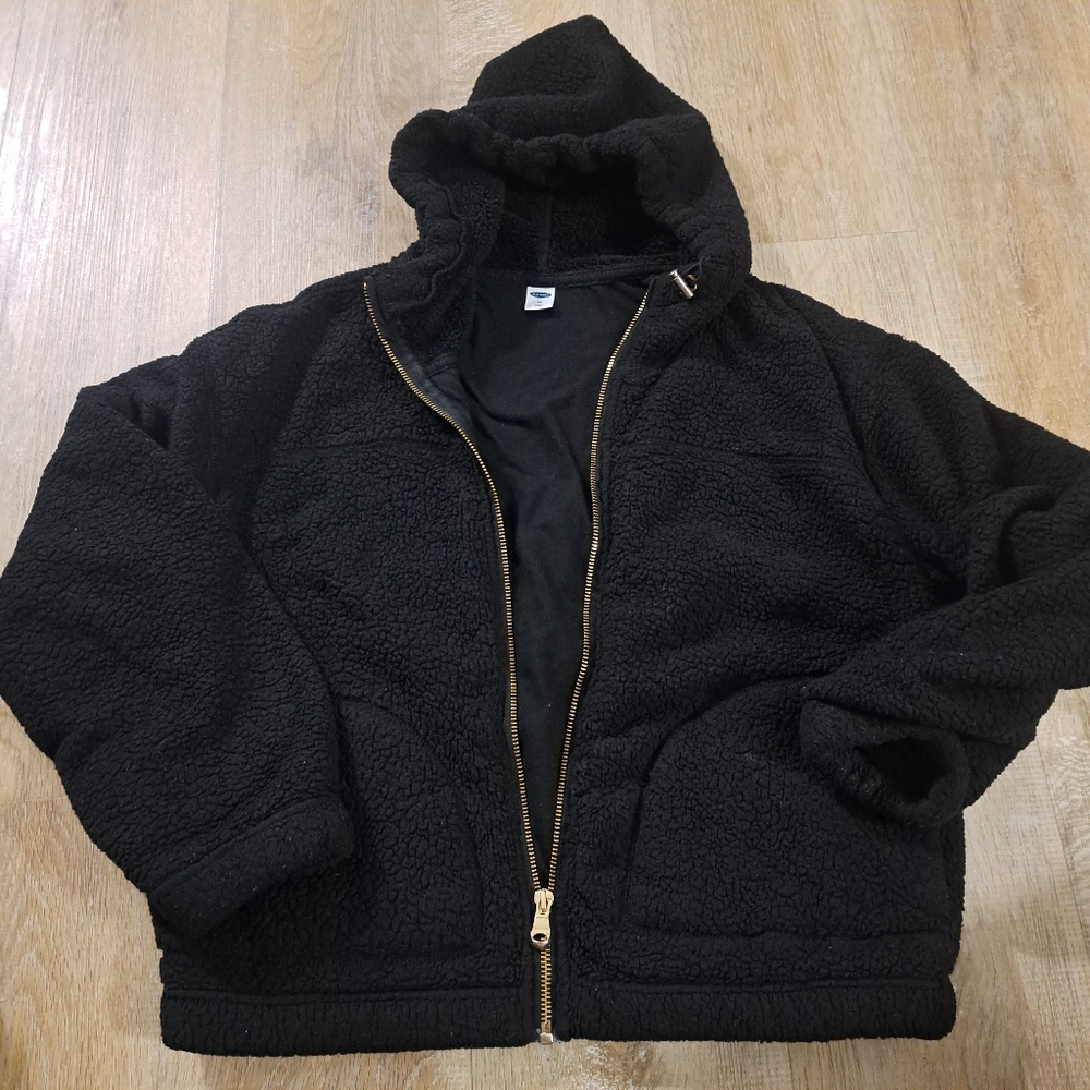 Old Navy Black Fleece Sherpa Zip-Up Slouchy Sweater Jacket Women's Size X-Small